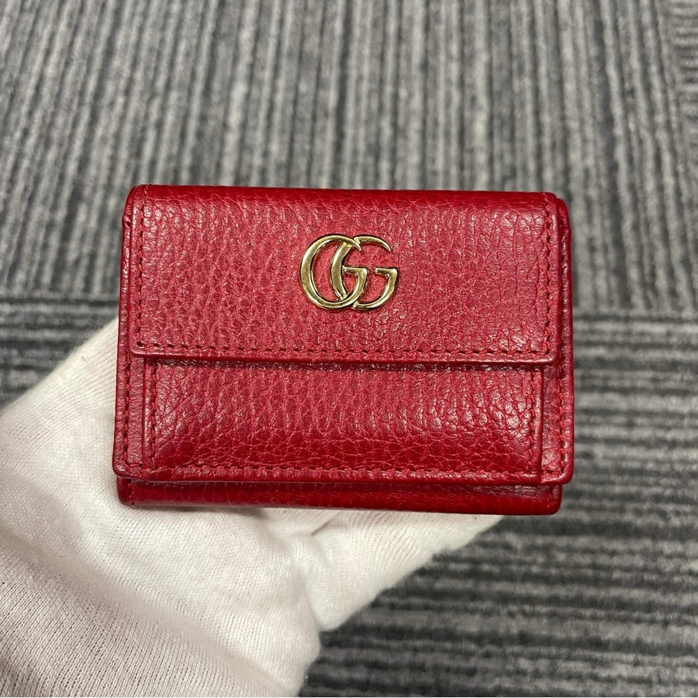 Gucci Red Leather Trifold Wallet with Gold GG Logo